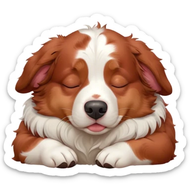 Cinematic Chubby Sleeping Red and White Merle Australian Shepherd Portrait Emoji, Chubby and serene, with a round, adorable build and a striking red and white merle coat, eyes gently closed in peaceful slumber, Simplified yet irresistibly endearing features, highly detailed, glowing with a gentle, dreamy glow, high shine, relaxed and content, stylized with a touch of whimsy, bright and heartwarming, soft glowing outline, capturing the essence of a blissfully sleepy herder, so comically serene it feels like it could roll out of the screen and snore with adorable charm! sticker