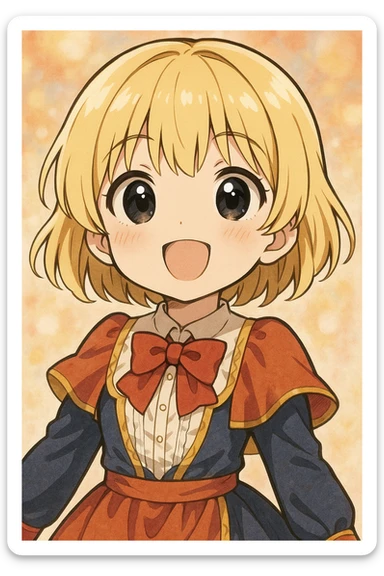 character with light blonde hair, short bangs, sweet and big bright black eyes, small upturned nose, wearing a nice outfit sticker