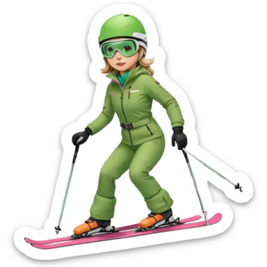 Woman, skiing, White helmet, rosa goggles Green Jacket, green trousers, background Matterhorn sticker
