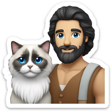 Black hair and beard turkish man with white blue eyed ragdoll cat  sticker