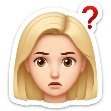 A woman with a confused facial expression, furrowed brow, and question mark above her head sticker