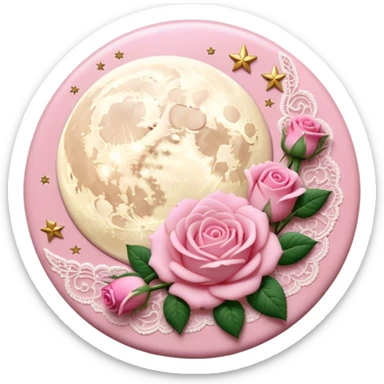 A round pink button with light cream damask lace, a full moon and stars and pink roses sticker