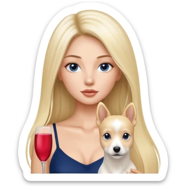 Victoria’s Secret model with long light blonde straight balayage hair, dark blue almond and small eyes, oval face, small lips, skinny long waist, firm legs, White Spaghetti top, with a White belgian dog  sticker