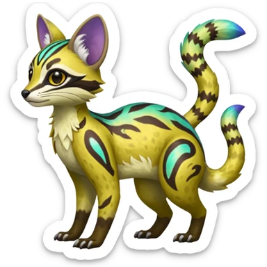 Rare realistic neon-colored iridescent shiny warm-colored lush tropical exotic cute epic pretty beautiful handsome gorgeous aesthetic colorful vibrant Vernid-Protogen-Primagen-Wickerbeast-Genet-Trico-species-Fakemon-hybrid-creature by LiLaiRa, beautiful intricate markings, full body sticker