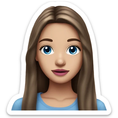 Beautiful teenage girl, long hair, brunette, blue eyes, pink lip color sticker