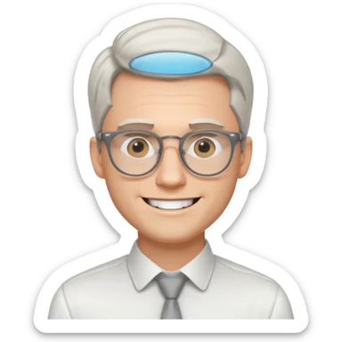 30 yr old pale white man, white/grey side swept stylish hair, round glasses, big smile, white teeth, handsome, longer hair, thin glasses, white dress shirt, smooth forhead sticker