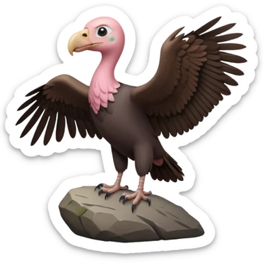 a vulture — large bird with dark brown feathers, bald pinkish head, curved beak and sharp eyes — standing proudly on a rock — wings slightly open — realistic yet cute cartoon emoji look, clean lighting, soft shadows. sticker