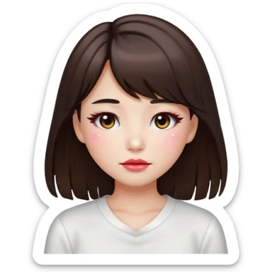 “japanese style Emoji brunette girl long hair with side bangs white top, dewy skin, heavy blush across cheeks and nose bridge, glossy cherry lips, soft eyeliner, teary sparkling eyes sticker