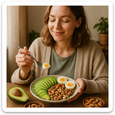 donna che usa come cibo avocado uova e frutta secca sticker