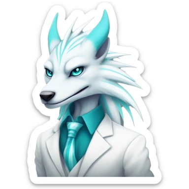 White elegant beautiful natural cute badass epic anthro modern albino sergal-vernid-Fakémon with cyan mane, with cyan edgy stripes, anthropomorphic, two-legged, digitigrade, full body sticker