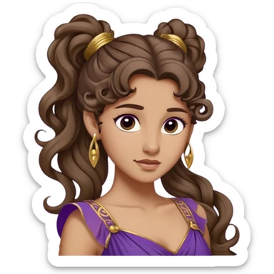 Young woman with long brown wavy hair in a high ponytail, with a signature curl on her forehead. She has a light olive skin tone and wears a flowing purple Grecian dress with gold details. Her expression is confident and playful, with a slight smirk. Inspired by classic Disney animation. sticker