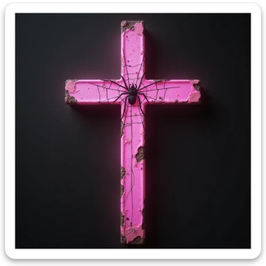 realistic gothic cross, pink with a spiderweb motif, photorealistic style sticker