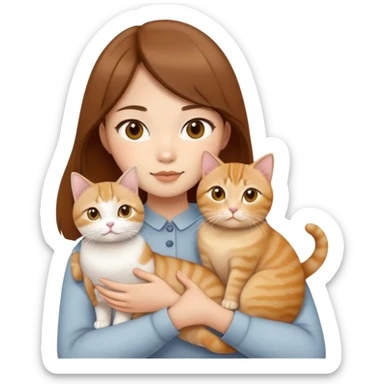 Asian girl, brown hair, brown eyes skin tone almond holding three cats one ginger, one yellow white one British short hair cream colour sticker