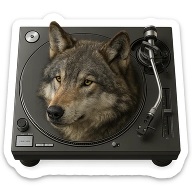 platine vinyle with integrated wolf head replacing the platter, realistic 3D style sticker