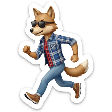 friendly anthropomorphised wolf in jeans and plaid shirt, wearing dark sunglasses, jogging upright in relaxed pose sticker