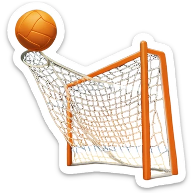 A handball thrown towards the goal, mid-air, with the goalposts and court lines in the background. The scene captures the power and precision of the throw, with the net of the goal in focus, emphasizing the dynamic action of the sport. sticker