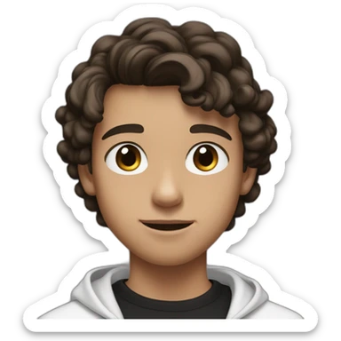 a teenager boy with big brown eyes and middle parted long coiled brown hair, wearing a black t-shirt with white airpods sticker