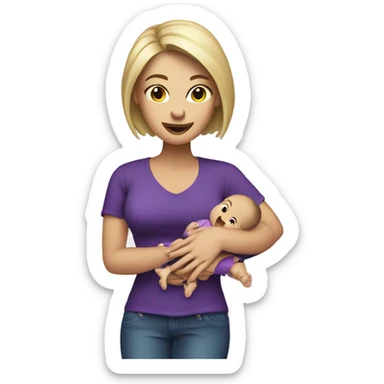 White Women in purple shirt rocking baby, but money stack instead of baby sticker