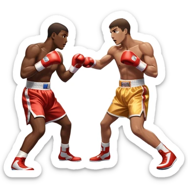 Two professional boxers in the ring, fighting for the world champion title. One delivers a long punch to the head, while the other skillfully dodges. The background features a crowded arena with bright lights and intense action. Transparent background sticker