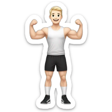 Joyful Celebrating victory Pale skinned Fit Man With the biceps and dark brown hair in black shirt, gray sports shorts and white Sneakers sticker