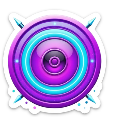 Futuristic glowing bullseye target emoji, neon purple and cyan holographic glow, dark background, digital tech style, abstract sparkles, no face. sticker