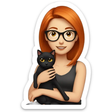 woman with straight red hair and black-rimmed glasses, with a black cat on her lap sticker