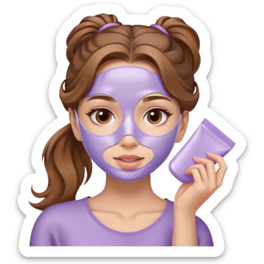 girl with wavy light brown hair in ponytail applying lilac skincare mask sticker