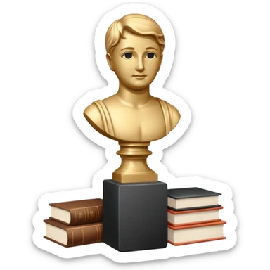 Minimalistic flat vector icon, iOS style, thin black contour on white background. Bust statue on a small pedestal next to a stack of books, symbolizing classic literature. Clean, no text, no shadows sticker