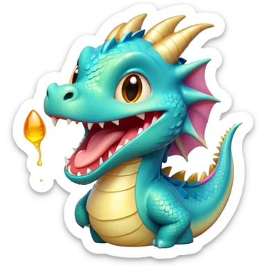 Cinematic Cute Yawning Dragon Portrait Emoji, Head tilted slightly with a dramatic, wide-open yawn, showcasing a soft, lustrous scaled body with gently drooping fins and half-closed, drowsy eyes, Simplified yet irresistibly adorable features, highly detailed, glowing with a soft, cozy mythical glow, high shine, relaxed yet expressive, stylized with a dash of fantastical charm, soft glowing outline, capturing the essence of a sleepy yet affectionate dragon that seems ready to stretch out and rest in its enchanted lair! sticker