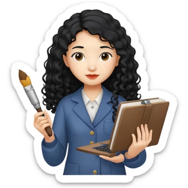 Asian girl with long curly hair holding a laptop, a paintbrush, a book, and a camera in her hands sticker