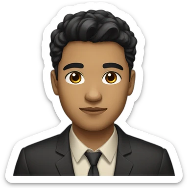 young man with black hair, light brown skin tone, formal dress, and a focused face sticker