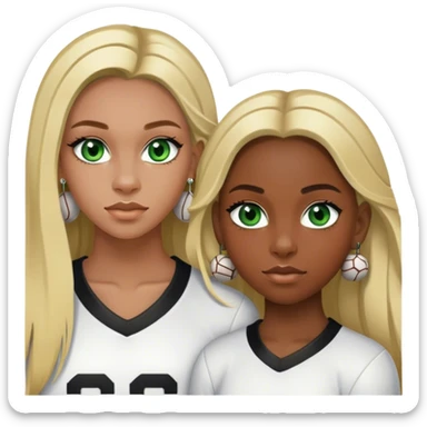 Black girl with Chanel earrings, green eyes.with Long blonde hair with edges. With a football tight end white with brown hair  sticker