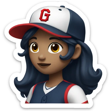 Black long hair and white skin girl wearing navy ballcap emblazoned with a red G initial and wearing baseball uniform sticker