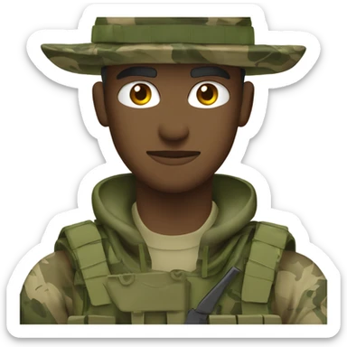 white man recon marine wearing camouflage jungle fatigues with bush hat and rifle sticker