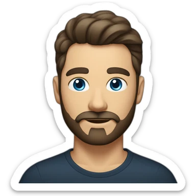 White man with a sun kissed tan and blue eyes. His hair is dark brown, styled sideways backwards. He has a beard and mustache trimmed. Wears a black t-shirt, Apple pencil behind his ear. sticker