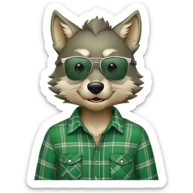 friendly anthropomorphised wolf in green plaid shirt and green attire for St. Patrick's Day, wearing dark sunglasses, upright pose sticker
