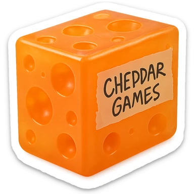 a clear, transparent orange block of cheddar cheese with holes like Swiss cheese, clear-orange translucent glowing body, hyper-detailed plastic texture like a 90's toy, soft reflections on soft flat plastic, soft and almost squishy, some cloudiness, not shiny, hyper-realistic, retro, highly detailed, appealing, glowing a little, a piece of tape messily taped to the side with 'Cheddar Games' written in messy Sharpie, extremely high quality, no background sticker