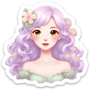 Gorgeous pastel anime style lady with blushing face and flower petals cottagecore fairycore pastelcore shiny colorful pearly petite simplistic aesthetic trending style sticker