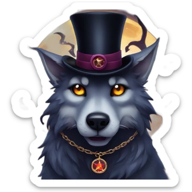 demonic wolf with a pentagram top hat and a pentagram chain with a haunting night background sticker
