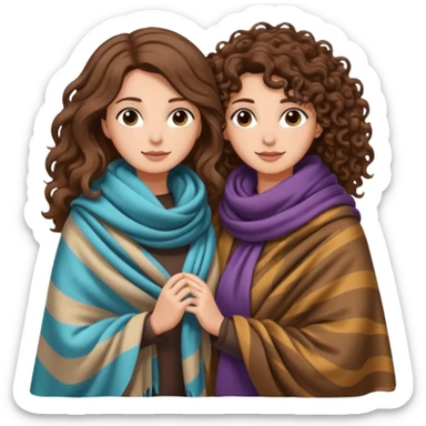 star blanket scene — long wavy brown hair tattooed woman and short tight curly brown hair woman — sharing oversized scarf blanket sticker