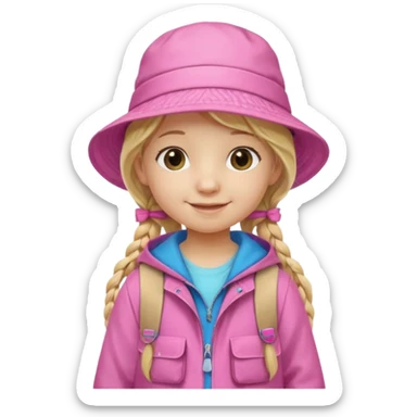 Little girl kid student, long braid blonde, wears pink bucket hat and jacket, backpack, happy sticker