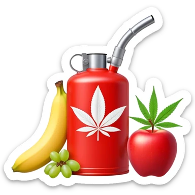 bright red gasoline canister surrounded by a banana, an apple, grapes, and a cannabis leaf, red fuel can with fruits and marijuana leaf arranged around it sticker