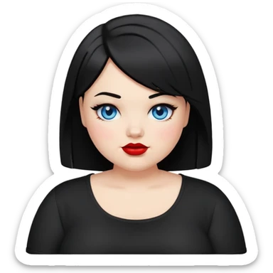 plus size teenage girl with a black bob haircut, side parted, blue eyes, black eyeshadow, red lipstick, wearing a black shirt, emoji style, winking sticker