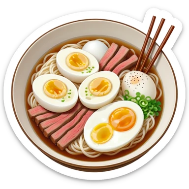 Korean cold noodles naengmyeon in a bowl with clear broth topped with half a boiled egg and one slice of beef sticker