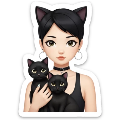 Asian cool girl, black hair.  Holding two BLACK cats with one cat has a round fat face. Both pure black.  The girl also wearing a black singlet, a black chocker, silver round hook earring, and wearing eyeliner.  sticker