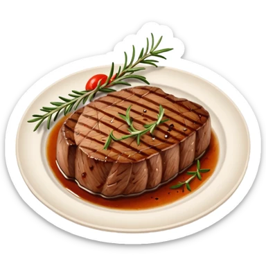 Draw a grilled steak on a plate with grill marks & rosemary garnish. sticker