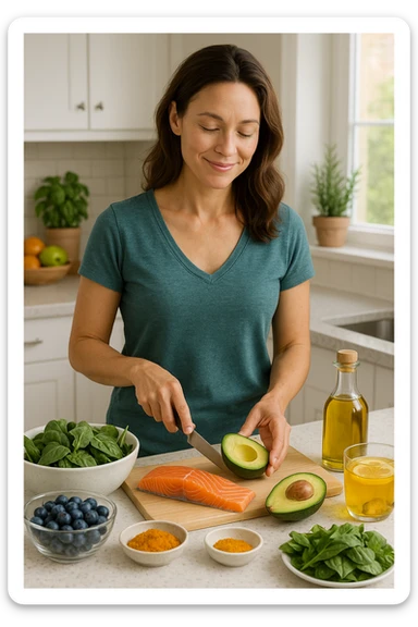 Donna tra i 30 e i 40 anni in una cucina luminosa, serena e sorridente, mentre prepara un pasto a base di cibi antinfiammatori: avocado, mirtilli, salmone selvaggio, verdure a foglia verde, olio d’oliva, curcuma. Il piano cucina è ordinato, ricco di colori naturali. Sullo sfondo: erbe fresche, frutta, una tisana allo zenzero. La donna appare in forma, rilassata e consapevole delle sue scelte. Atmosfera calda e armoniosa, luce naturale. Stile realistico, tono positivo e ispirazionale sticker