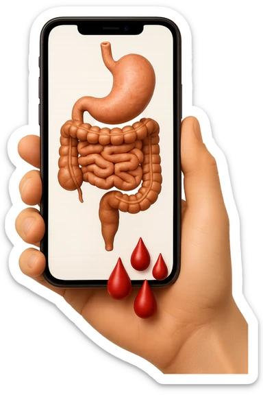 emoji stile iphone 3d di stomaco e intestino collegati verticalmente con 3 gocce di sangue 3d in mano, iperrealistiche 4k sticker