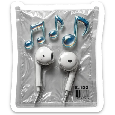 pair of white EarPods with three floating iridescent glass music notes, shiny and puffy, vacuum-sealed style sticker