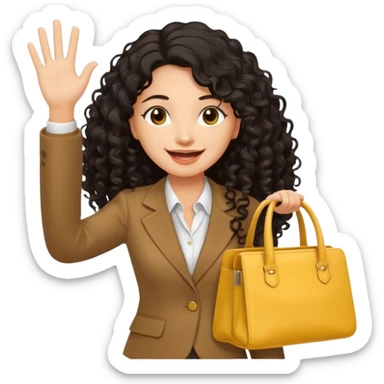 medium deep tan brown business woman with long black curly hair, waving hand with happy face with smile mouth and carrying bag on her shoulder and the other hand holding yellow stanley tumblr sticker